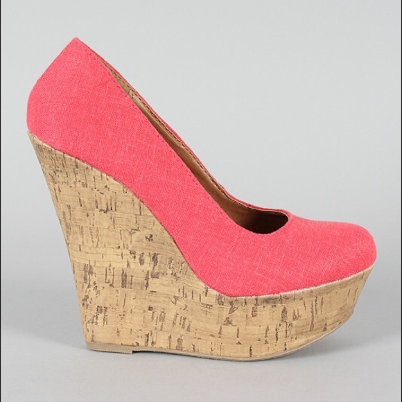 Delicious Shoes - Coral Canvas Linen Cork Round Toe High Heel Wedge Pump